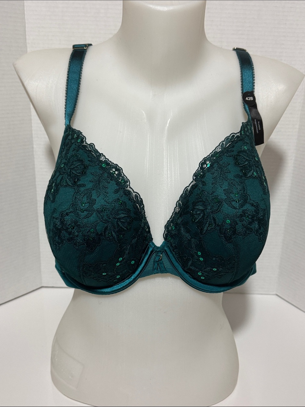42B Deesse Lingerie Deep Teal Lace Plunge Bra with sequence and lace